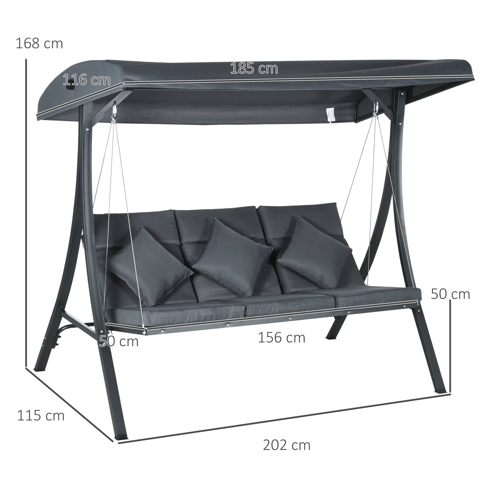 Outsunny - Balancelle de jardin 3 places grand confort toit inclinaison réglable épais coussins polyester acier époxy gris - Outsunny - Imagen 3