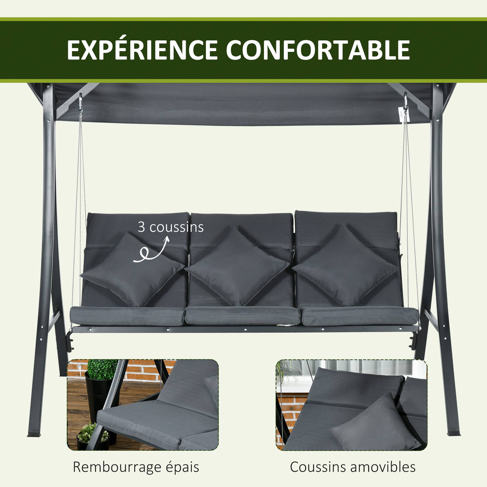 Outsunny - Balancelle de jardin 3 places grand confort toit inclinaison réglable épais coussins polyester acier époxy gris - Outsunny - Imagen 4