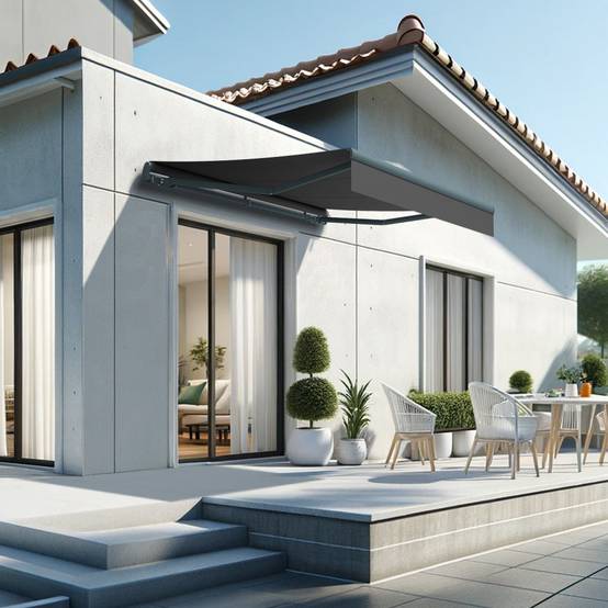 Store banne monobloc ESPAI 3,00x2,00m (Motorisé à télécommande + manœuvre de secours - Noir - Gris anthracite) - Alia Productions - Imagen 1