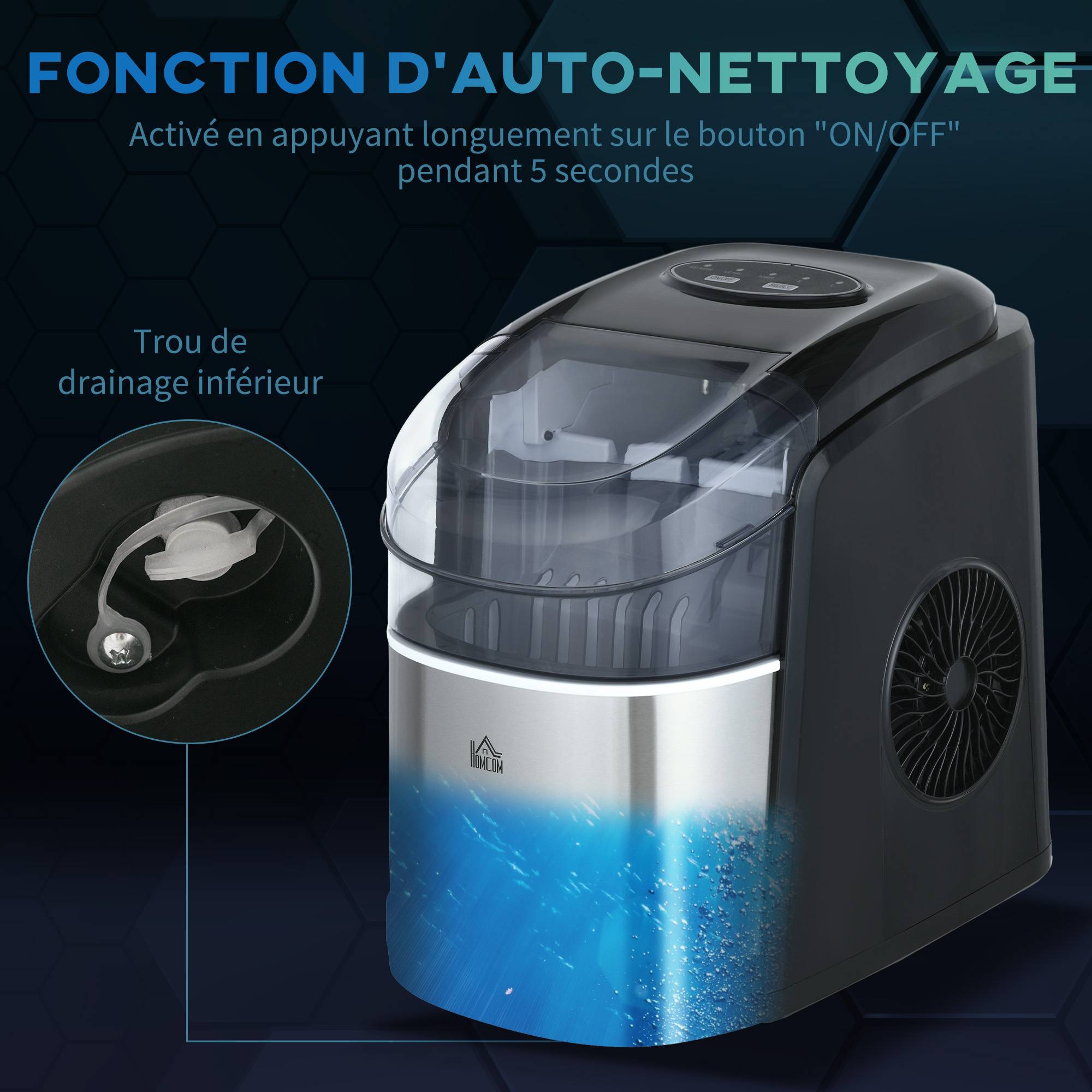 Machine à glaçons réservoir eau 1,7L, bac à glace 0,9kg, pelle et panier inclus, 9 glaçons en 6-12min - Image 9