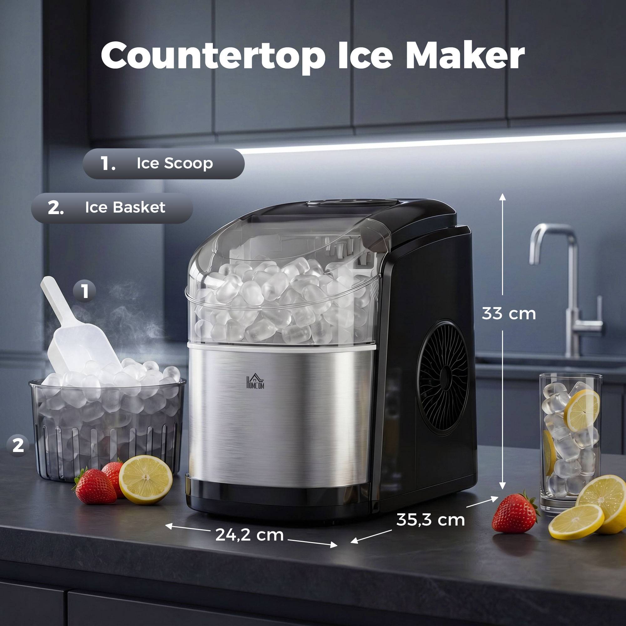 Machine à glaçons réservoir eau 1,7L, bac à glace 0,9kg, pelle et panier inclus, 9 glaçons en 6-12min - Image 5
