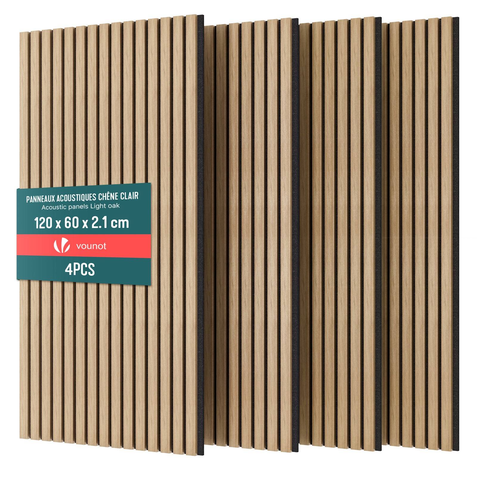 Lot de 4 panneaux acoustiques muraux Tasseaux en bois MDF avec feutre noir 120x60x2.1cm chene clair