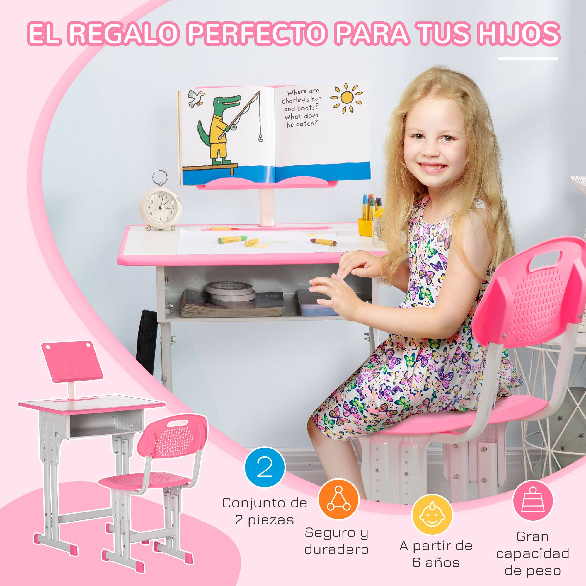Bureau et chaise pour enfant à partir de 6 ans, hauteur réglable, avec 1 tiroir et une étagère, 60 x 45 x 90-102 cm, rose - Image 6