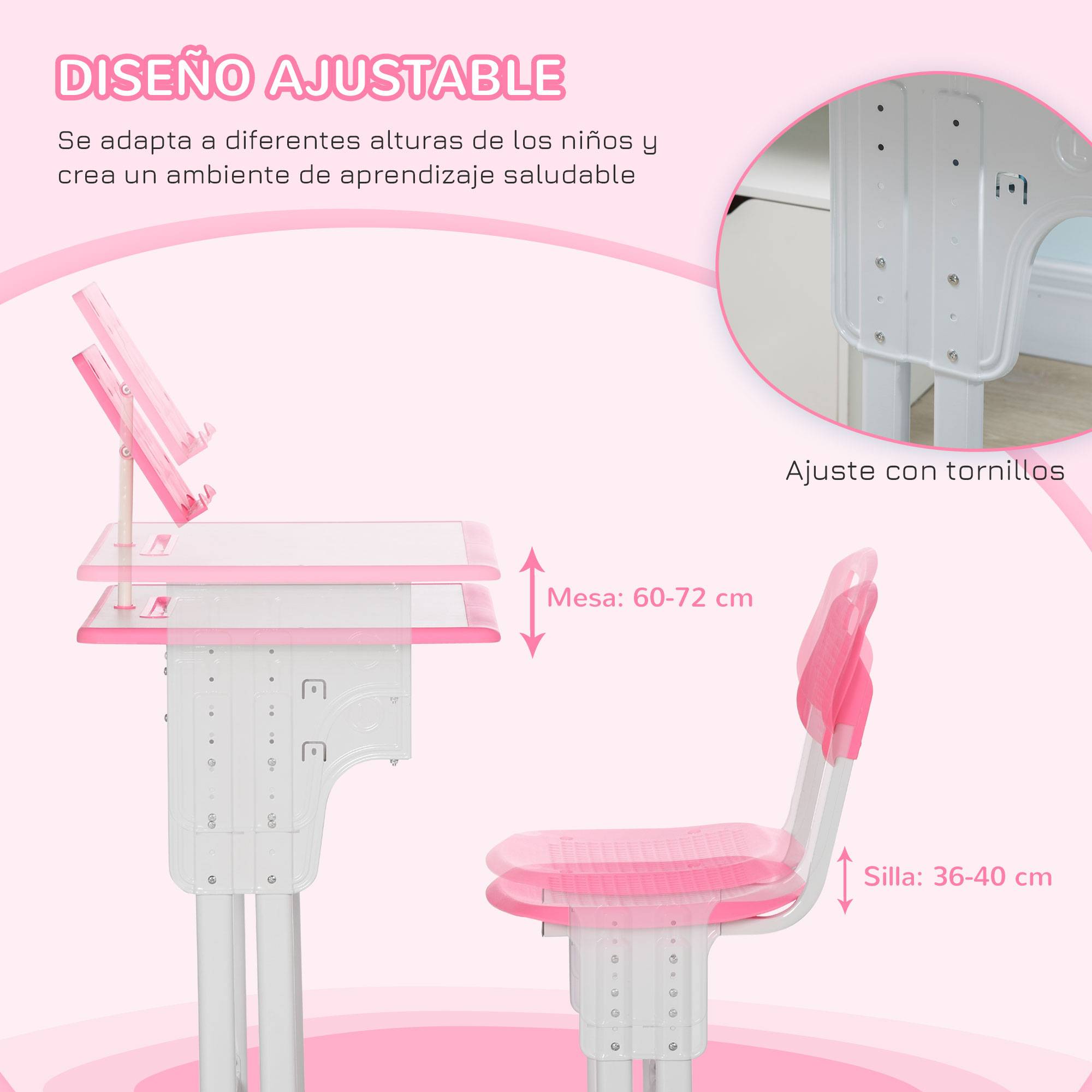 Bureau et chaise pour enfant à partir de 6 ans, hauteur réglable, avec 1 tiroir et une étagère, 60 x 45 x 90-102 cm, rose - Image 8