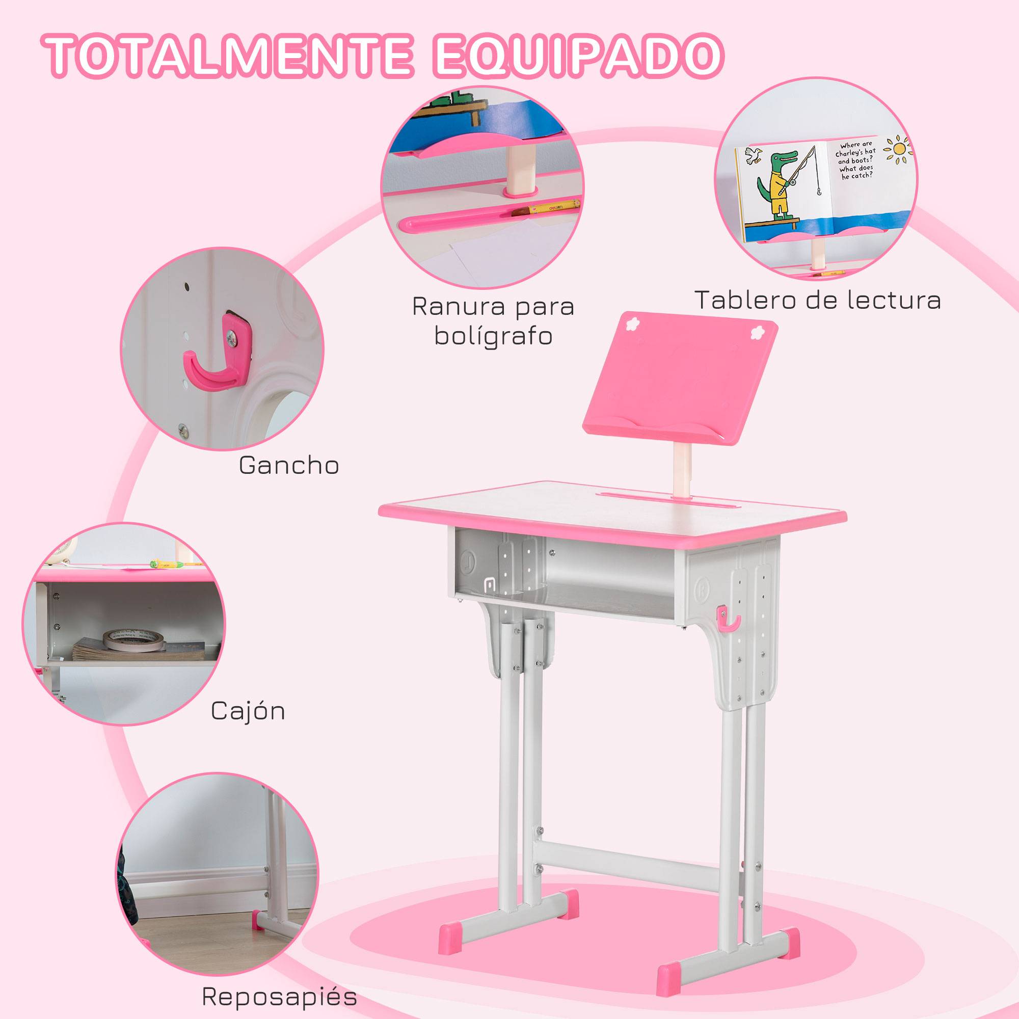 Bureau et chaise pour enfant à partir de 6 ans, hauteur réglable, avec 1 tiroir et une étagère, 60 x 45 x 90-102 cm, rose - Image 7