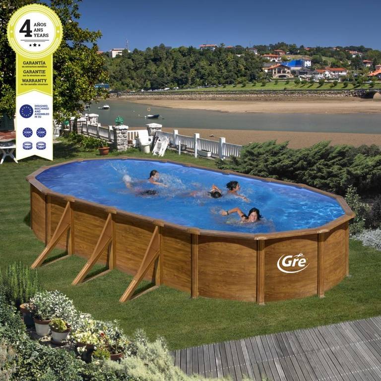 Gre Pools - Piscine ovale acier 7,44m x 3,99m x H: 1,22m - Imitation bois - Filtration à sable - Renforts apparents - Image 1