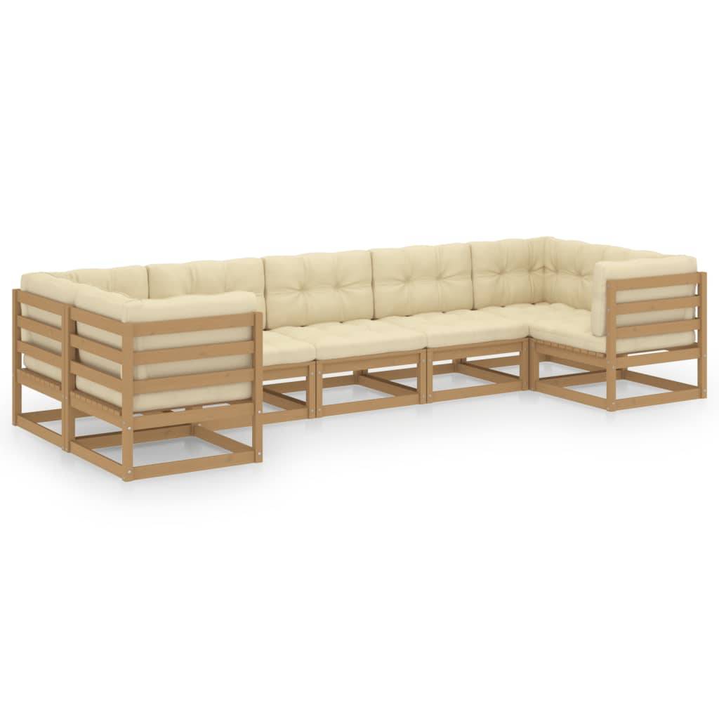 Helloshop26 - Salon de jardin meuble d'extérieur ensemble de mobilier 7 pièces avec coussins marron miel bois de pin - Imagen 1