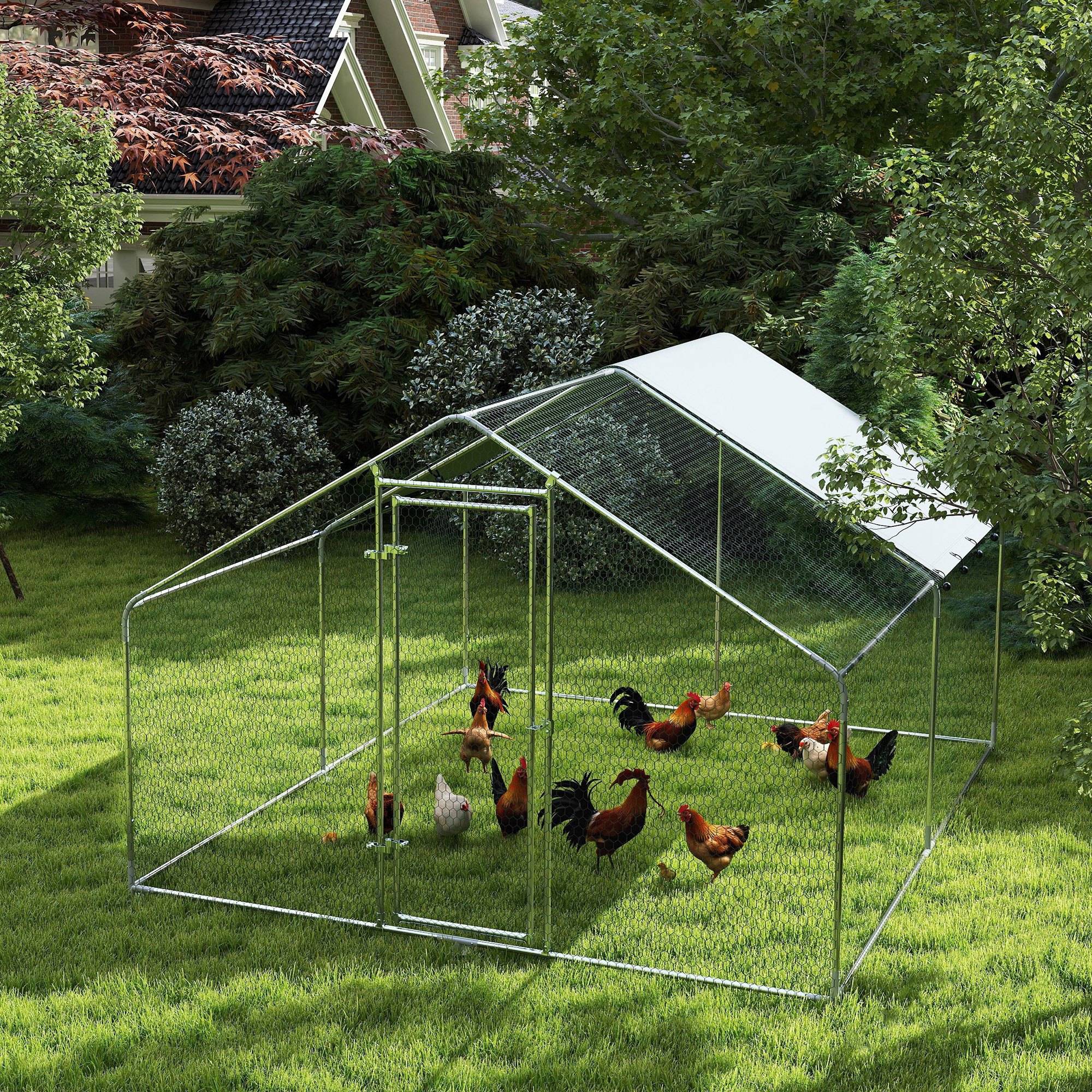 Grand poulailler en métal (3 x 3,4 x 1,9 m) avec housse imperméable et résistante aux UV, couleur argent. - Image 4