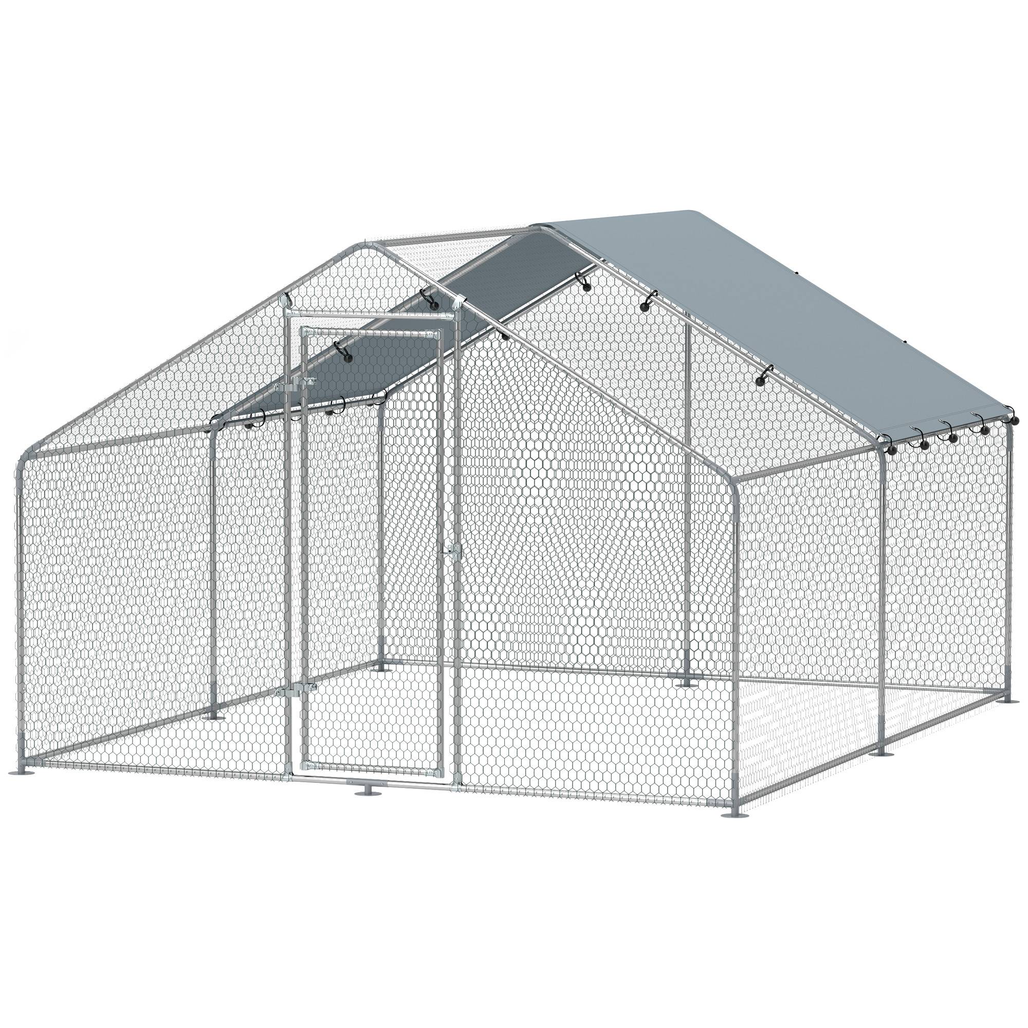 Grand poulailler en métal (3 x 3,4 x 1,9 m) avec housse imperméable et résistante aux UV, couleur argent. - Image 2