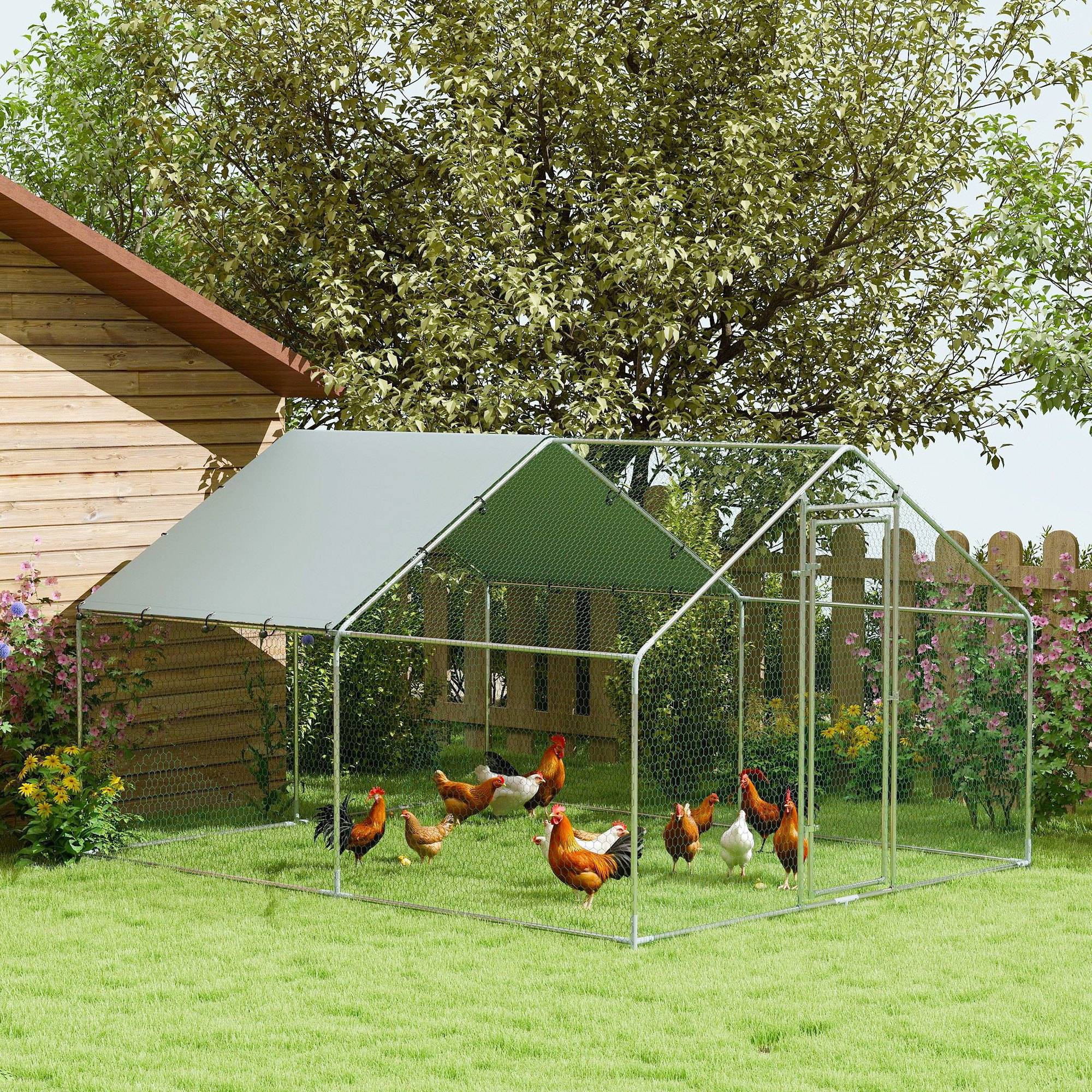 Grand poulailler en métal (3 x 3,4 x 1,9 m) avec housse imperméable et résistante aux UV, couleur argent. - Image 3