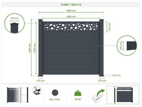 Casanoov Lot de 2 kits de clôture aluminium SUNNY H.170 cm - kits complet 3.8m - Image 2