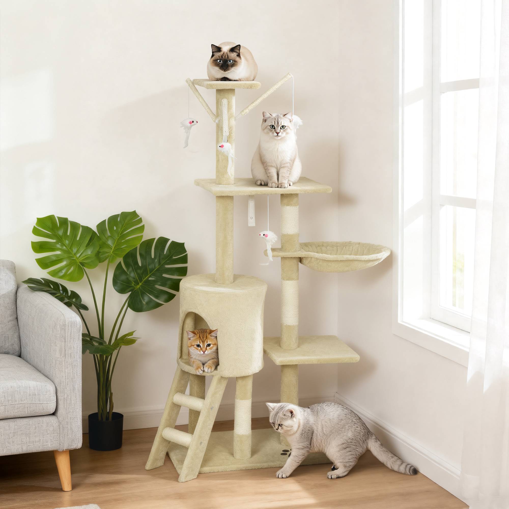 Arbre à chat panneau particules intérieur jeu repos multiples plateformes 134cm beige - ComfortXL Outdoor Living - Image 4