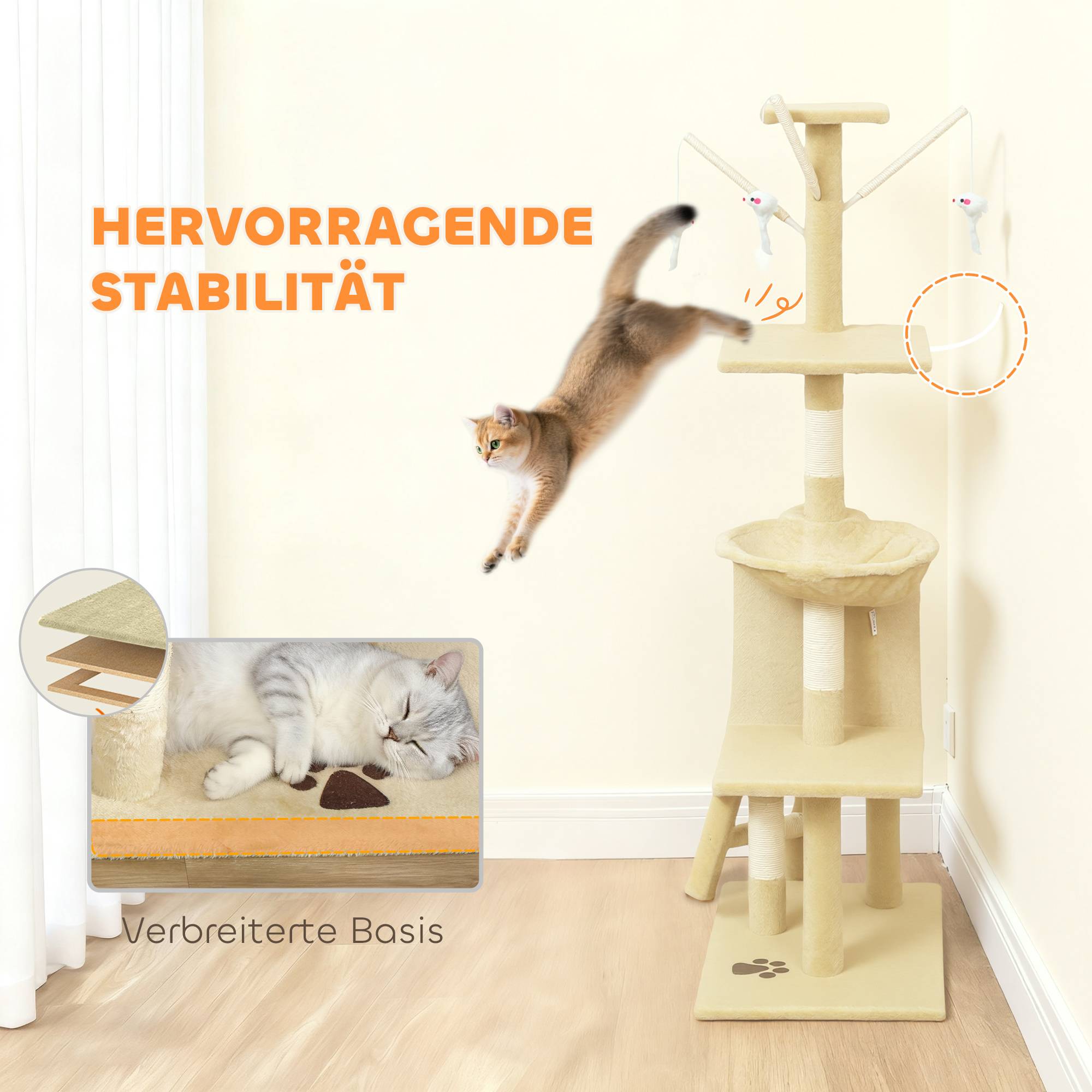 Arbre à chat panneau particules intérieur jeu repos multiples plateformes 134cm beige - ComfortXL Outdoor Living - Image 8