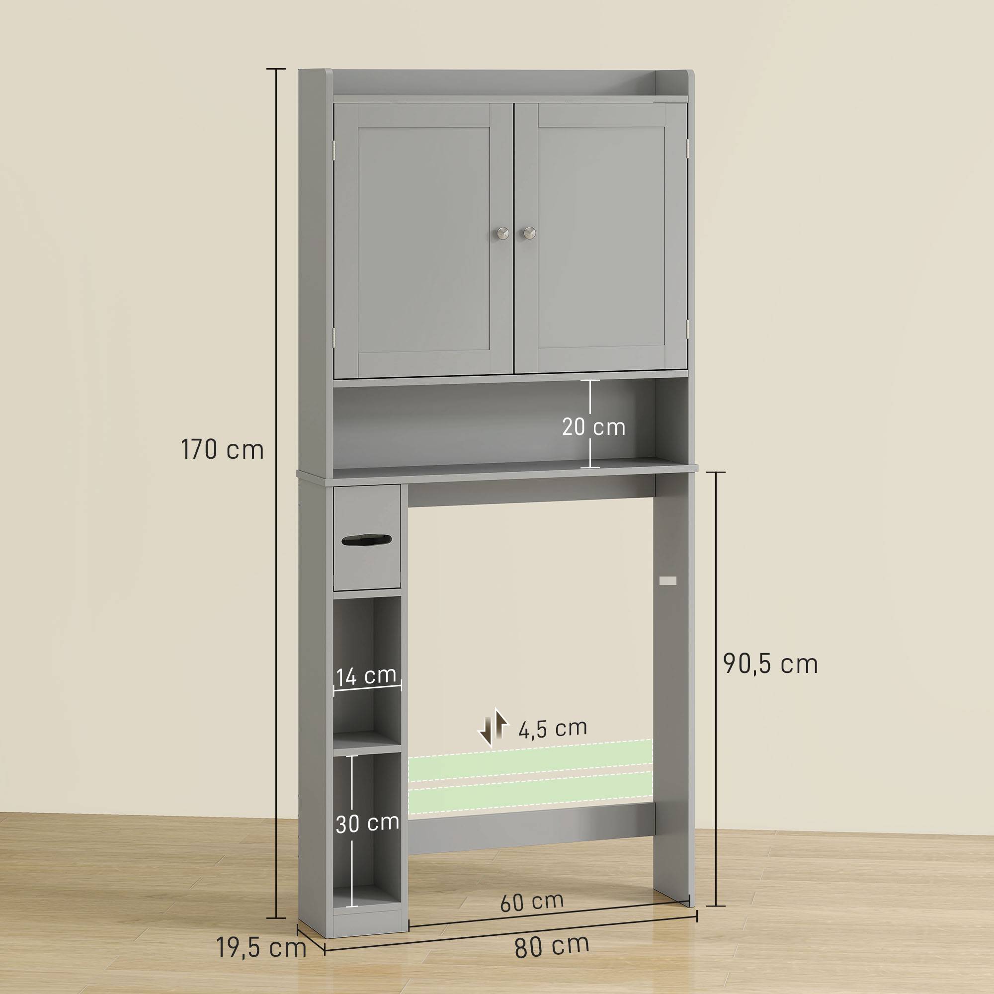 Sans Marque - Meuble WC dessus toilettes machine à laver 2 portes 3 compartiments porte-papier toilette 80x19,5x170cm gris - Image 5