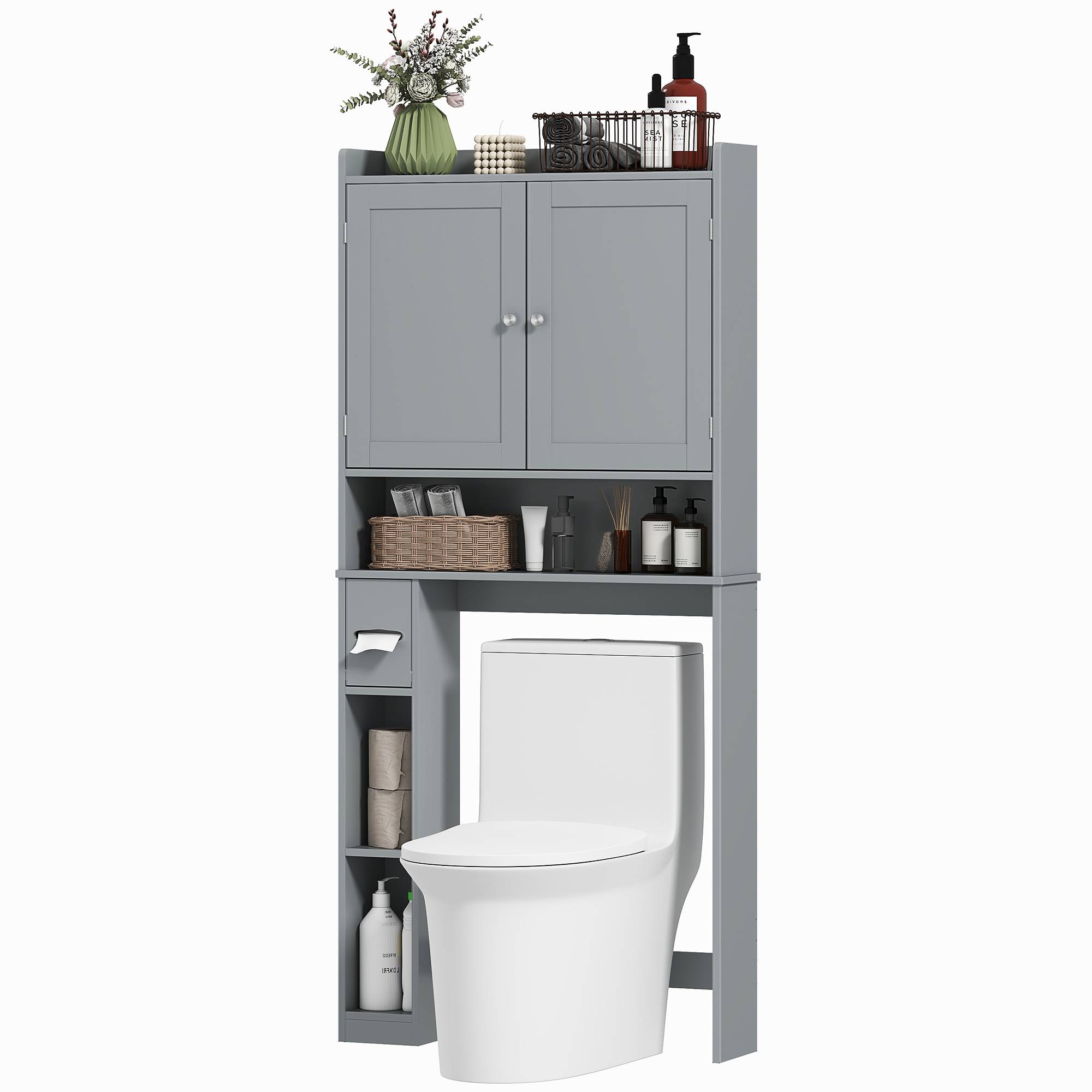 Sans Marque - Meuble WC dessus toilettes machine à laver 2 portes 3 compartiments porte-papier toilette 80x19,5x170cm gris - Image 2