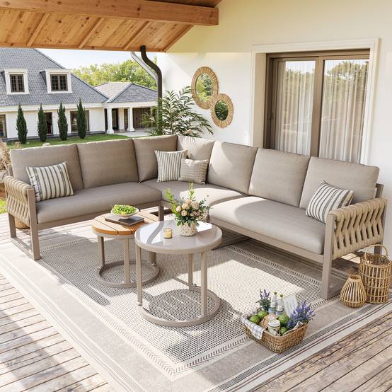 Salon de jardin pour 5-6 personnes avec pieds réglables, coussins imperméables et amovibles, tous les coussins sont inclus, beige - Image 1