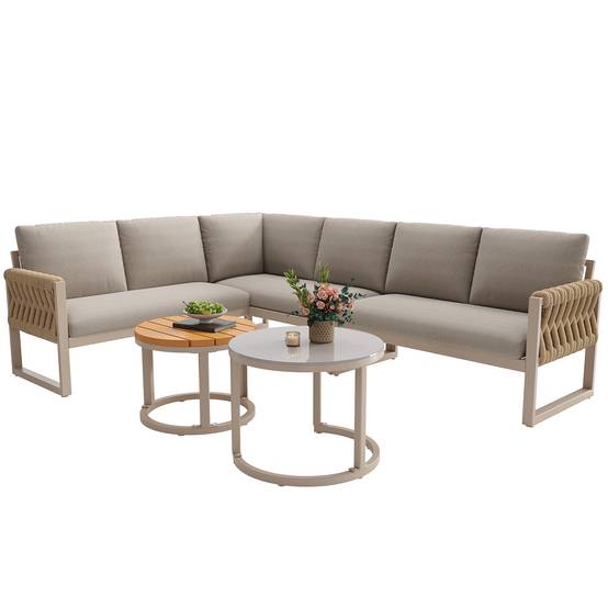 Salon de jardin pour 5-6 personnes avec pieds réglables, coussins imperméables et amovibles, tous les coussins sont inclus, beige - Image 5