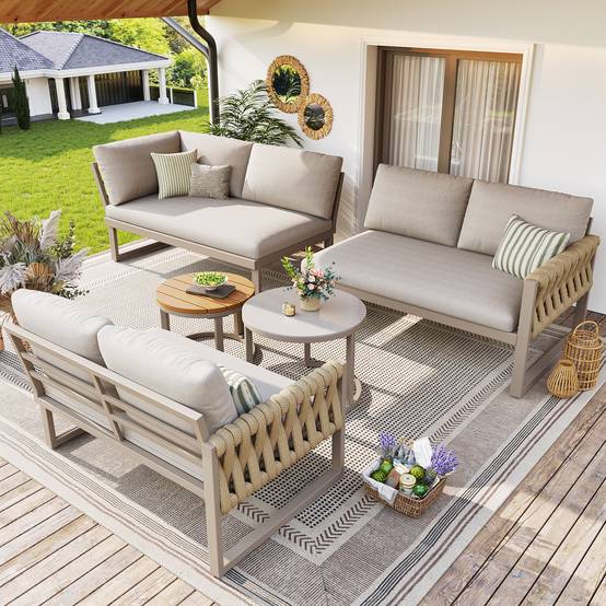 Salon de jardin pour 5-6 personnes avec pieds réglables, coussins imperméables et amovibles, tous les coussins sont inclus, beige - Image 2