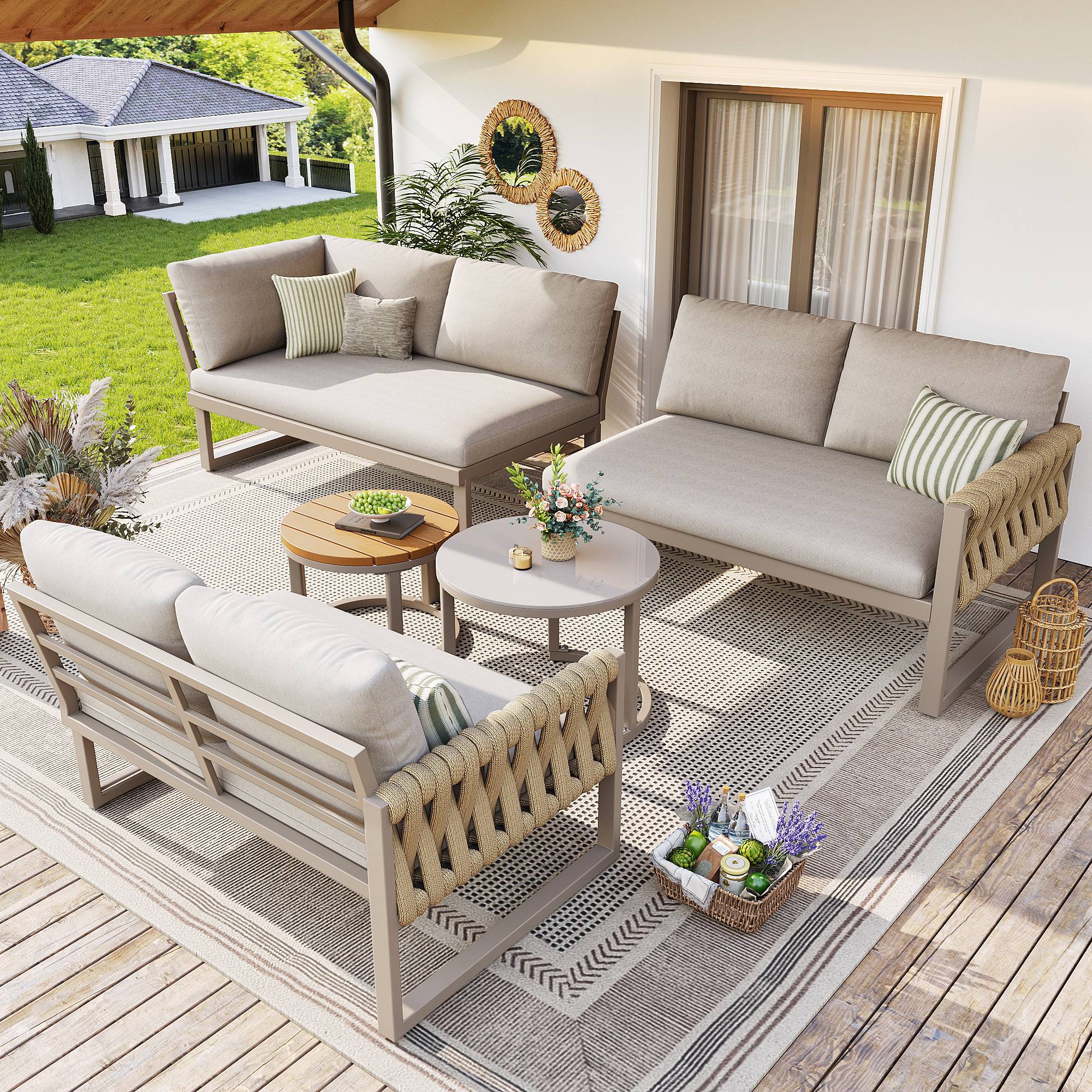 Salon de jardin pour 5-6 personnes avec pieds réglables, coussins imperméables et amovibles, tous les coussins sont inclus, beige - Image 2