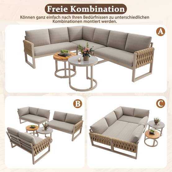 Salon de jardin pour 5-6 personnes avec pieds réglables, coussins imperméables et amovibles, tous les coussins sont inclus, beige - Image 7