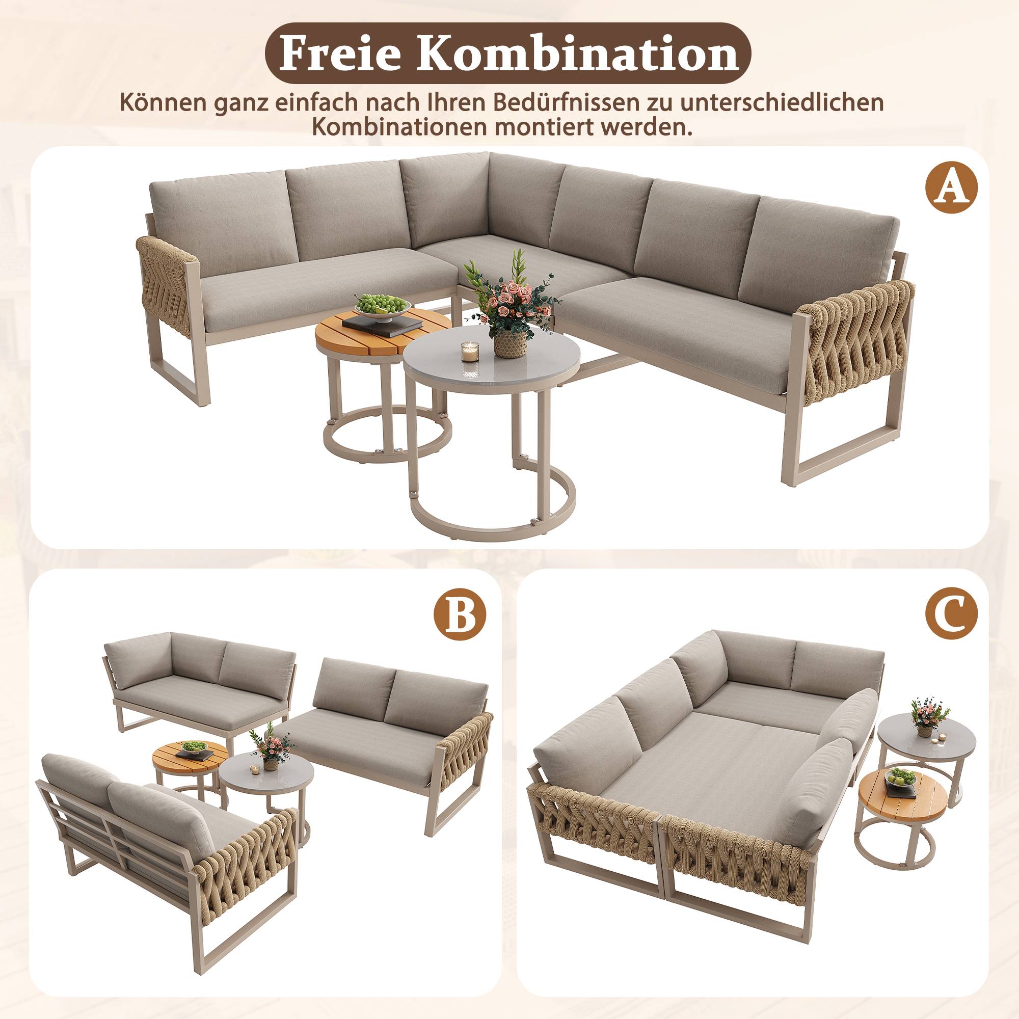 Salon de jardin pour 5-6 personnes avec pieds réglables, coussins imperméables et amovibles, tous les coussins sont inclus, beige - Image 7