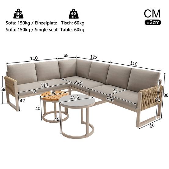 Salon de jardin pour 5-6 personnes avec pieds réglables, coussins imperméables et amovibles, tous les coussins sont inclus, beige - Image 4