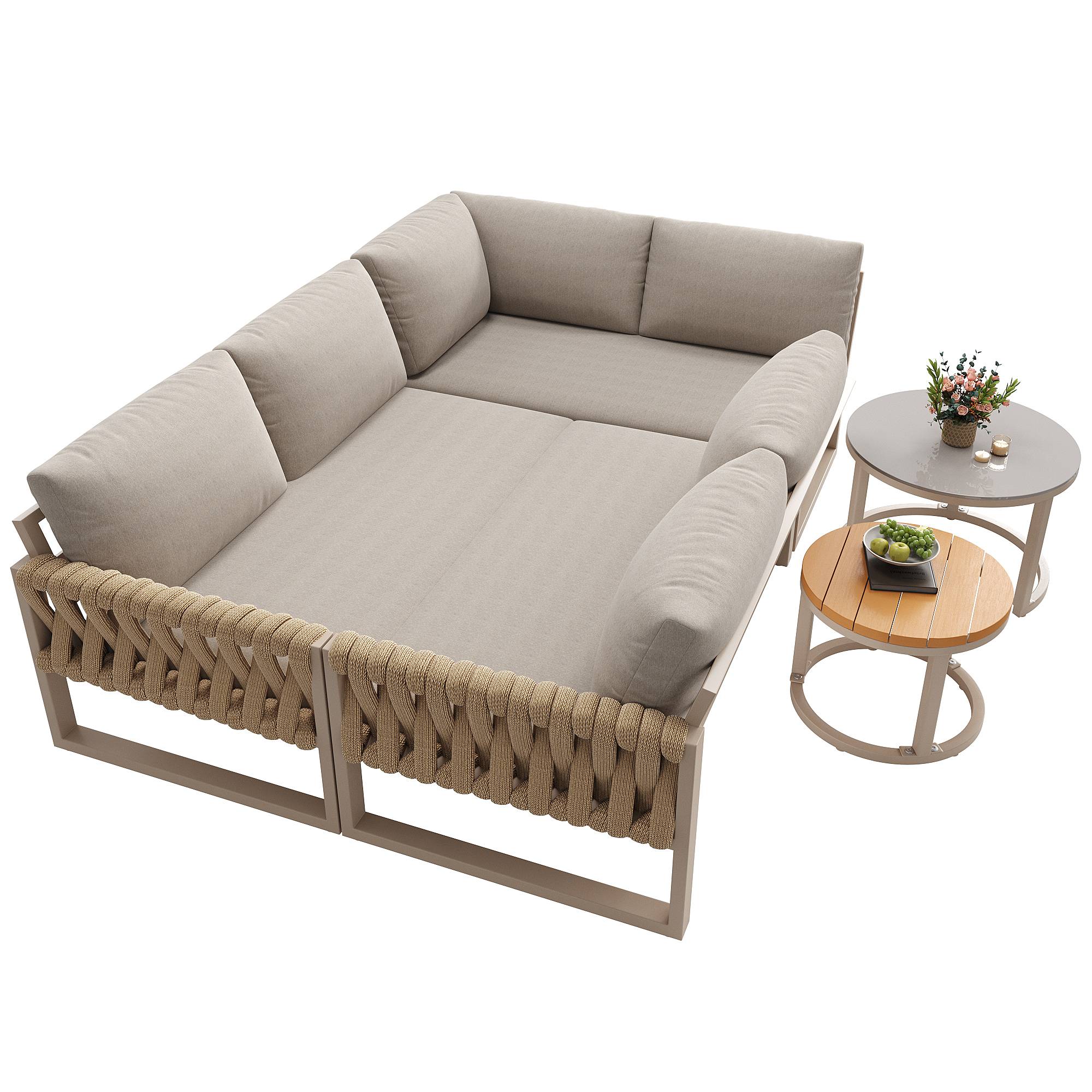 Salon de jardin pour 5-6 personnes avec pieds réglables, coussins imperméables et amovibles, tous les coussins sont inclus, beige - Image 6