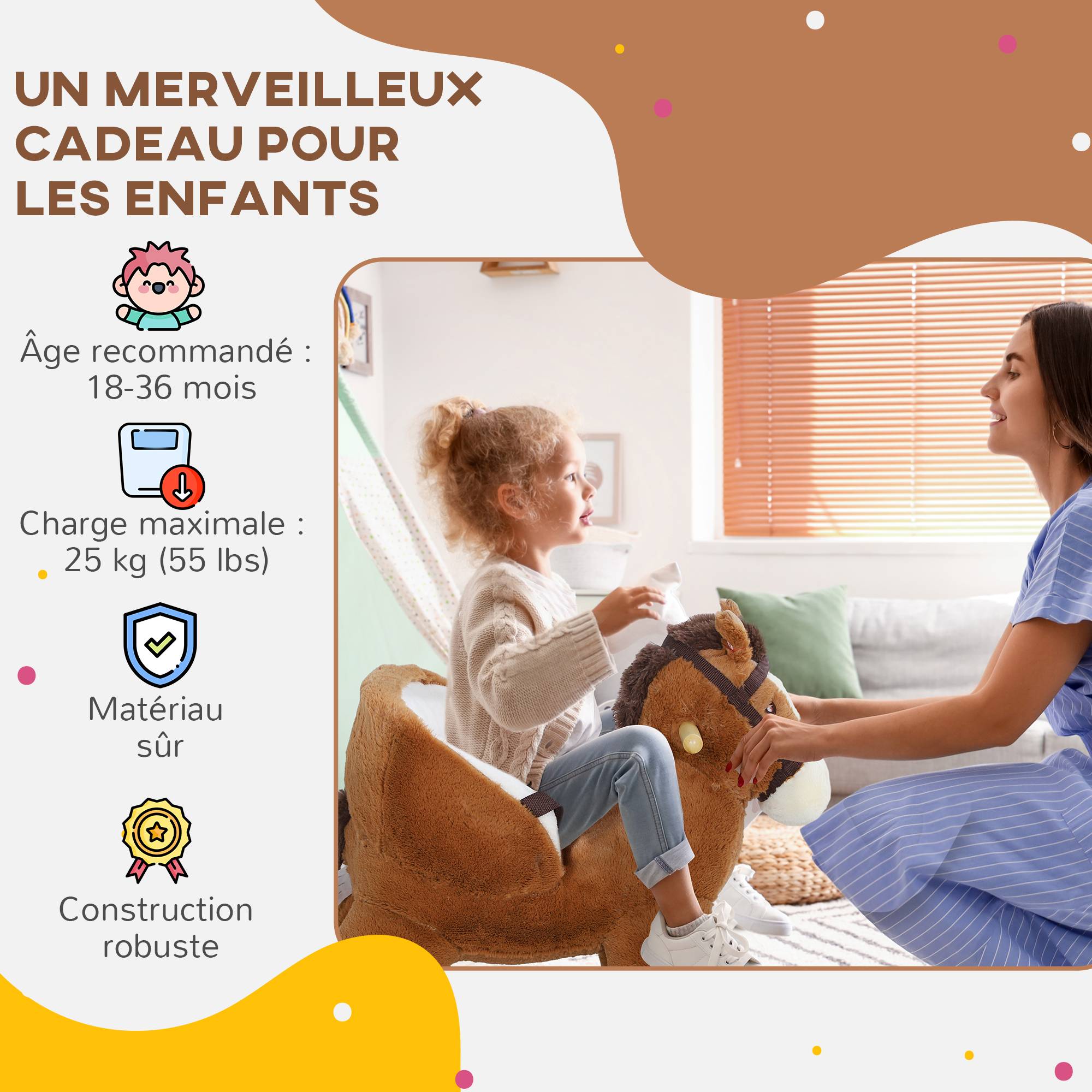 Cheval à bascule pour enfants jouet à bascule bébé de 18 à 36 mois avec effet sonore base en bois ceinture de sécurité - Image 10