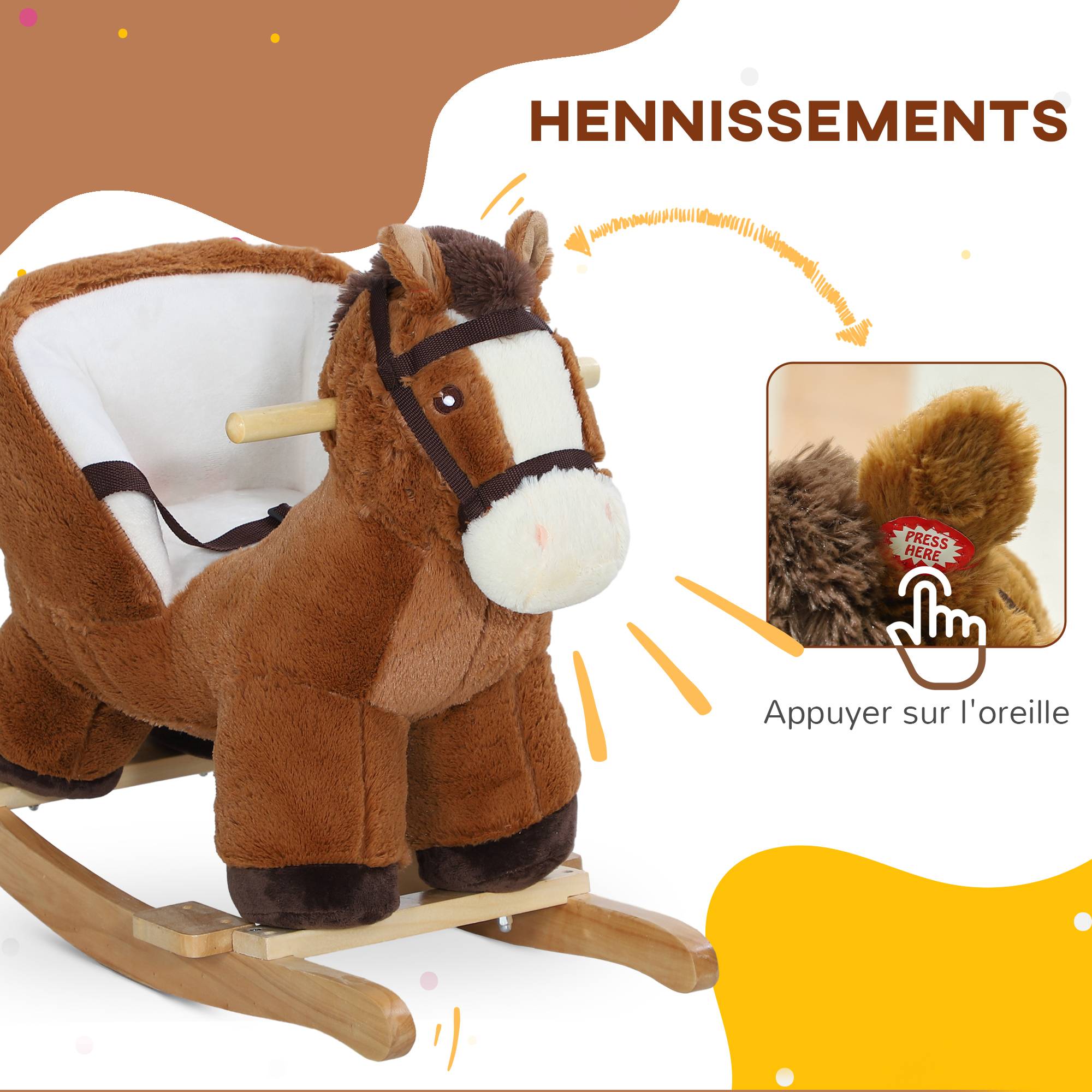 Cheval à bascule pour enfants jouet à bascule bébé de 18 à 36 mois avec effet sonore base en bois ceinture de sécurité - Image 6