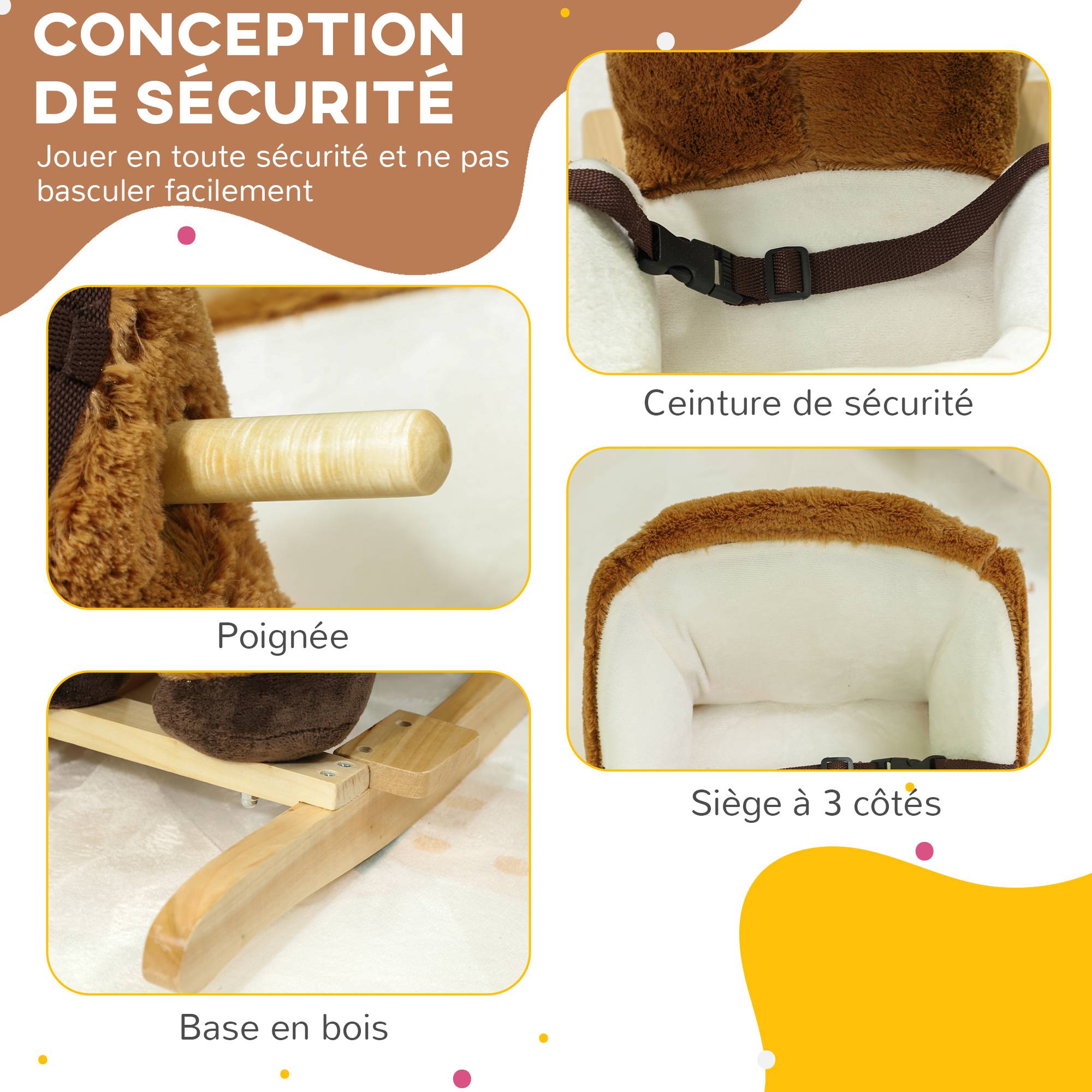 Cheval à bascule pour enfants jouet à bascule bébé de 18 à 36 mois avec effet sonore base en bois ceinture de sécurité - Image 8