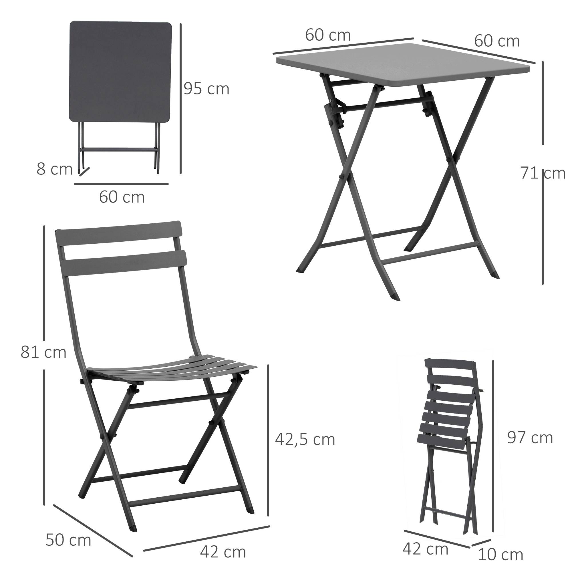 Outsunny - Salon de jardin bistro pliable - table carrée dim. 60L x 60l x 71H cm avec 2 chaises - métal thermolaqué gris - Outsunny - Imagen 3