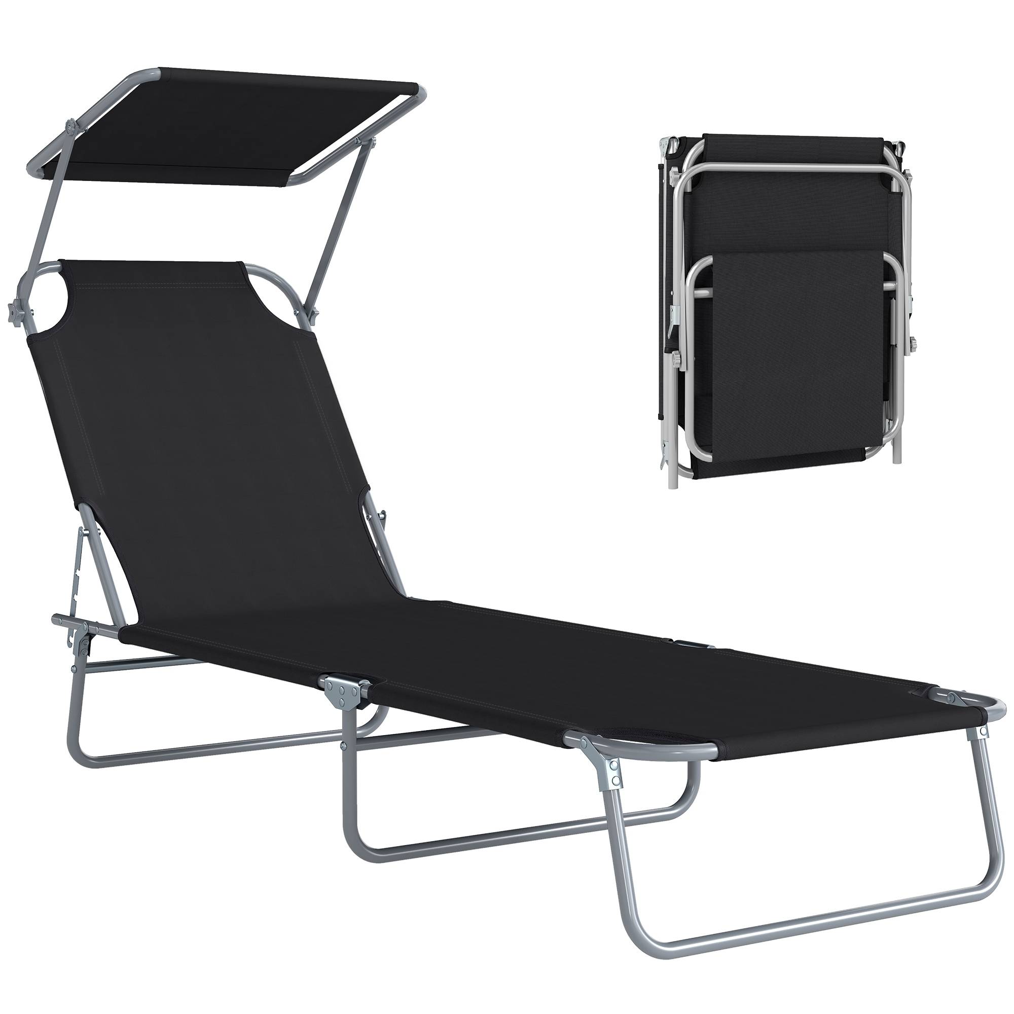 "Transat pliant grand confort, dossier multi-positions, pare-soleil réglable, 187x58x36 cm, noir"