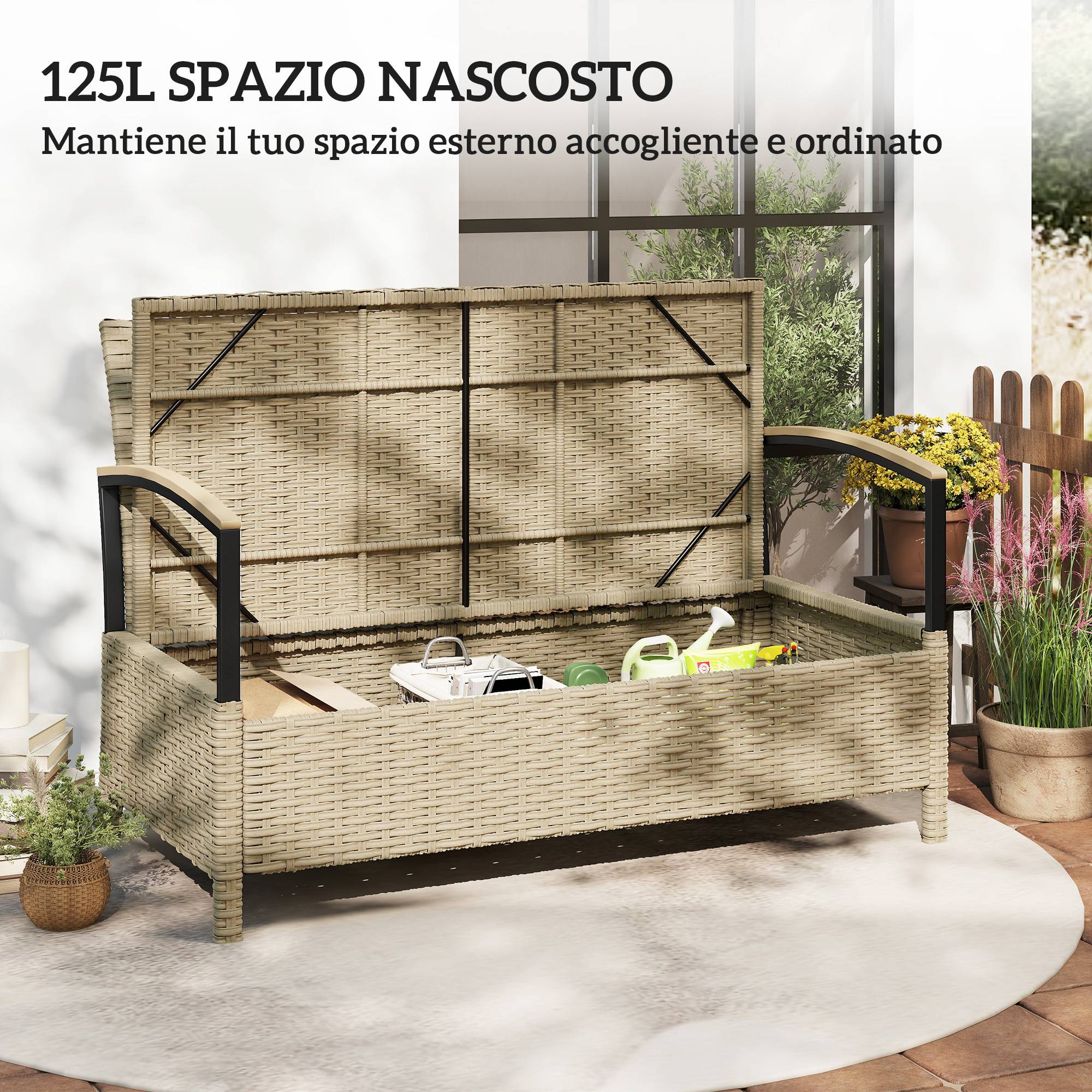 Banquette coffre 125L avec coussin rembourré, métal, 123x70x82cm, kaki - Image 9