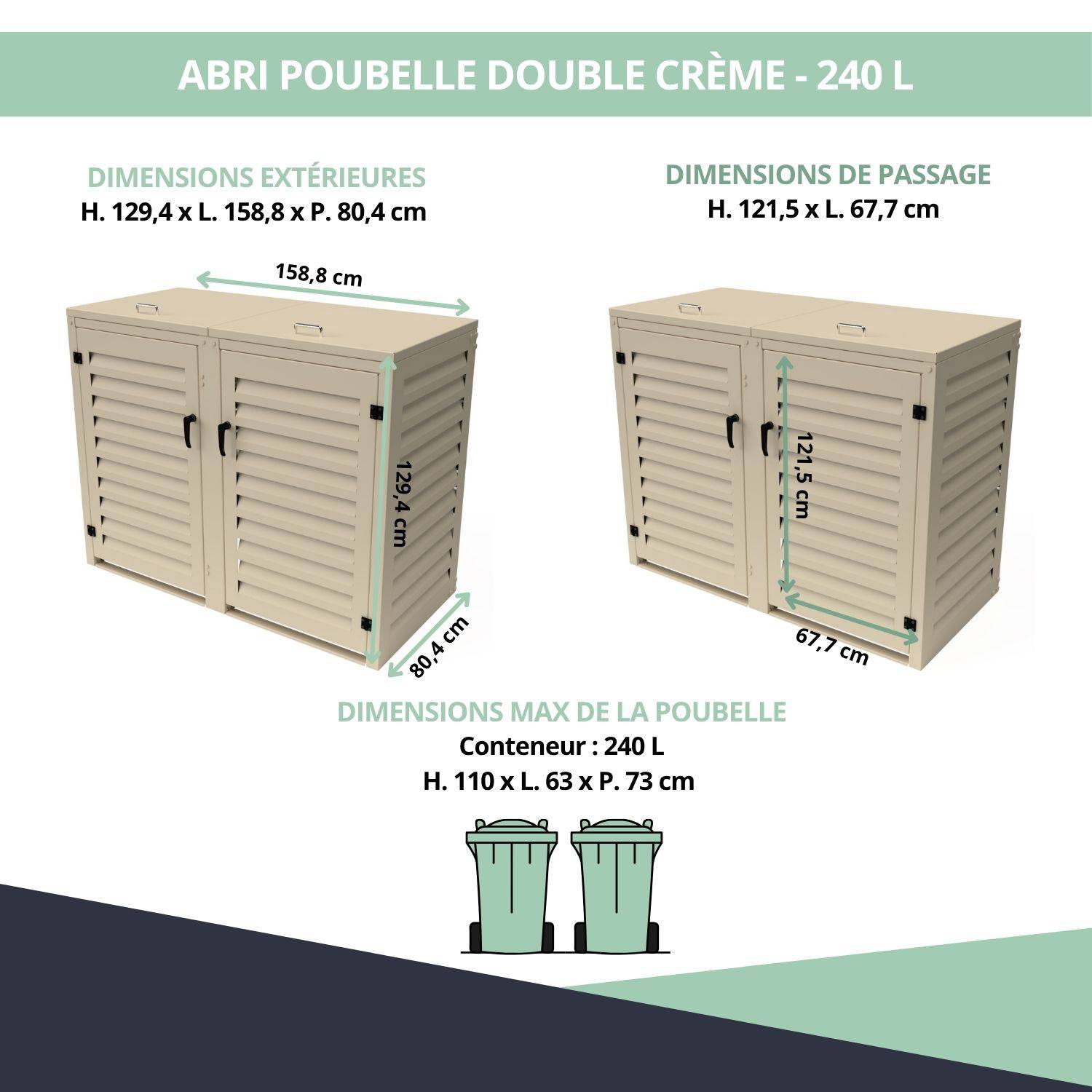 Cache Poubelle Extérieur Double en Aluminium thermolaqué - Abri pour 2 conteneurs 240 Litres – Crème RAL 1015 - Image 3