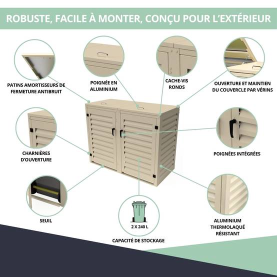 Cache Poubelle Extérieur Double en Aluminium thermolaqué - Abri pour 2 conteneurs 240 Litres – Crème RAL 1015 - Image 5