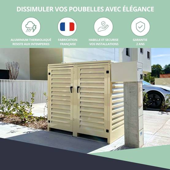 Cache Poubelle Extérieur Double en Aluminium thermolaqué - Abri pour 2 conteneurs 240 Litres – Crème RAL 1015 - Image 7