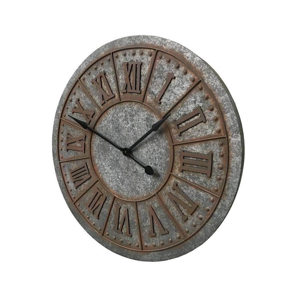 ~ Grande horloge murale décorative vintage salon métal gris rouille 90cm Chemin de campagne
