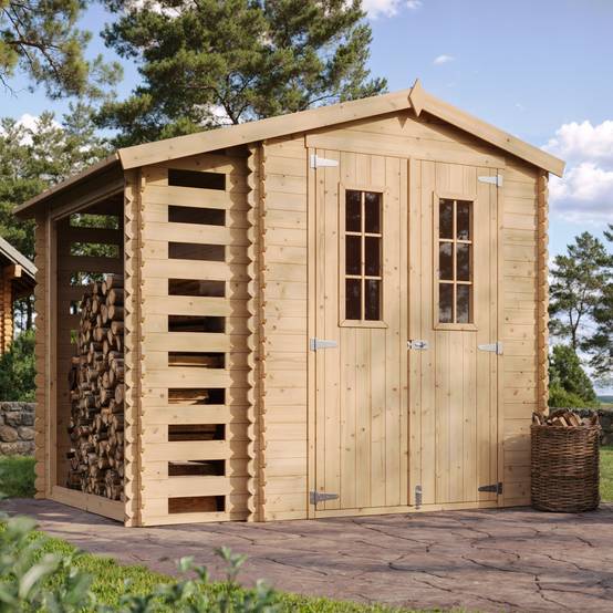 Timbela - Abri de jardin en bois et range bûches extérieur I206xL272xH218 cm/ 3,53+0,97 m² avec sol traité - 19 mm d’épaisseur - Timbela M386C+M386G - Image 1