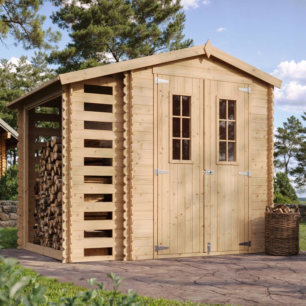 Timbela - Abri de jardin en bois et range bûches extérieur I206xL272xH218 cm/ 3,53+0,97 m² avec sol traité - 19 mm d’épaisseur - Timbela M386C+M386G - Image 1