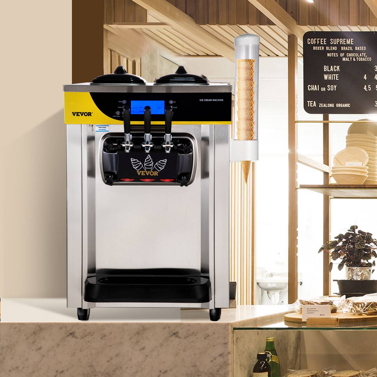 VEVOR Machine à crème glacée 22-30 L/h, trémie 2x6L, pré-refroidissement, 3 saveurs, nettoyage 1 clic. - Image 8