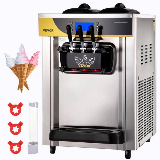 VEVOR Machine à crème glacée 22-30 L/h, trémie 2x6L, pré-refroidissement, 3 saveurs, nettoyage 1 clic. - Image 1