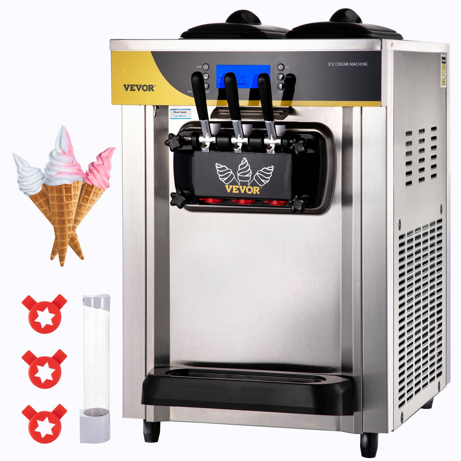 VEVOR Machine à crème glacée 22-30 L/h, trémie 2x6L, pré-refroidissement, 3 saveurs, nettoyage 1 clic. - Image 1