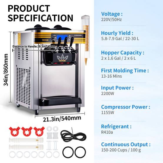 VEVOR Machine à crème glacée 22-30 L/h, trémie 2x6L, pré-refroidissement, 3 saveurs, nettoyage 1 clic. - Image 7