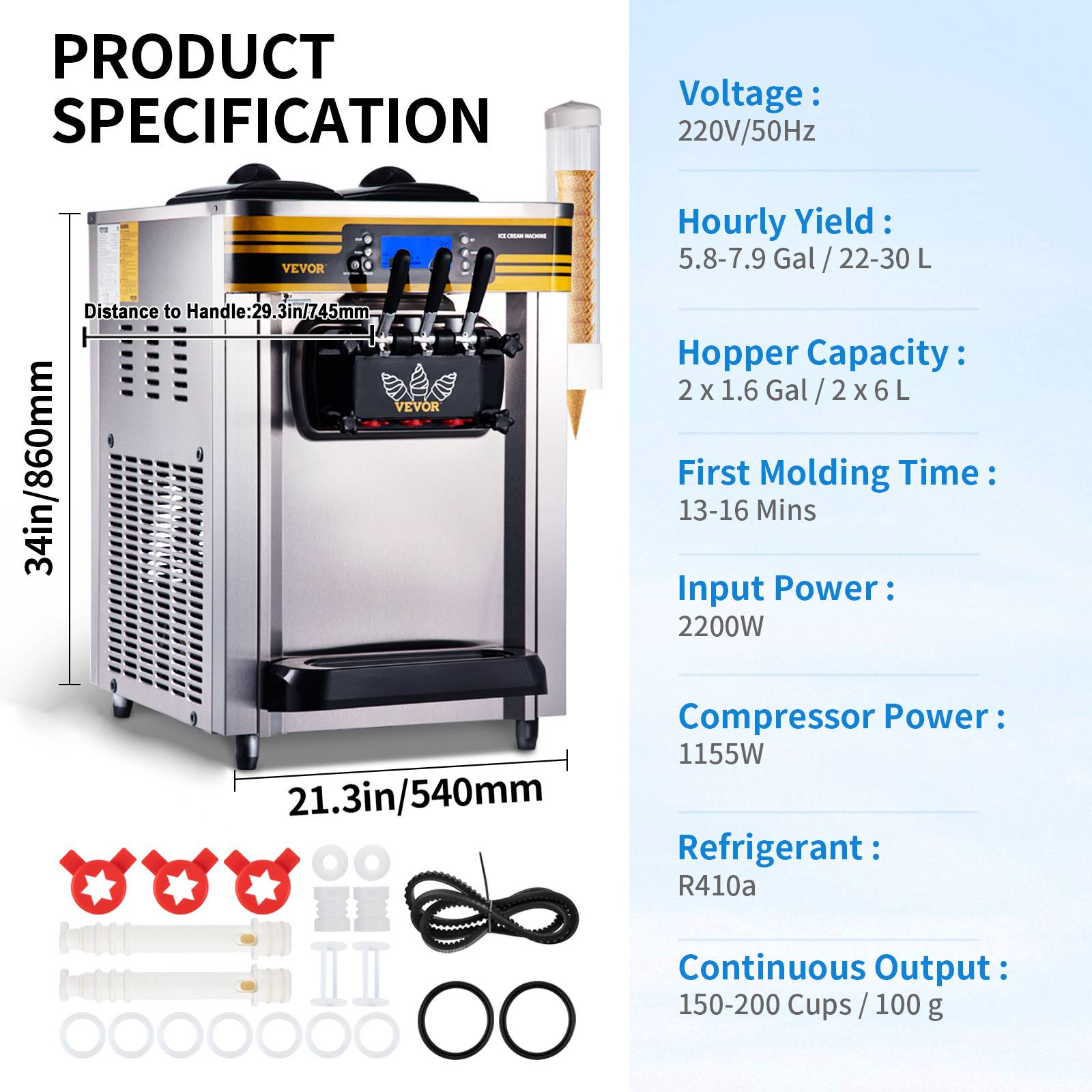 VEVOR Machine à crème glacée 22-30 L/h, trémie 2x6L, pré-refroidissement, 3 saveurs, nettoyage 1 clic. - Image 7