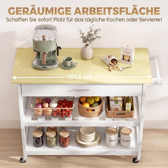 Desserte de cuisine à roulettes, îlot central cuisine avec plan de travail, tiroir, étagères, porte-serviettes, blanc - Image 6
