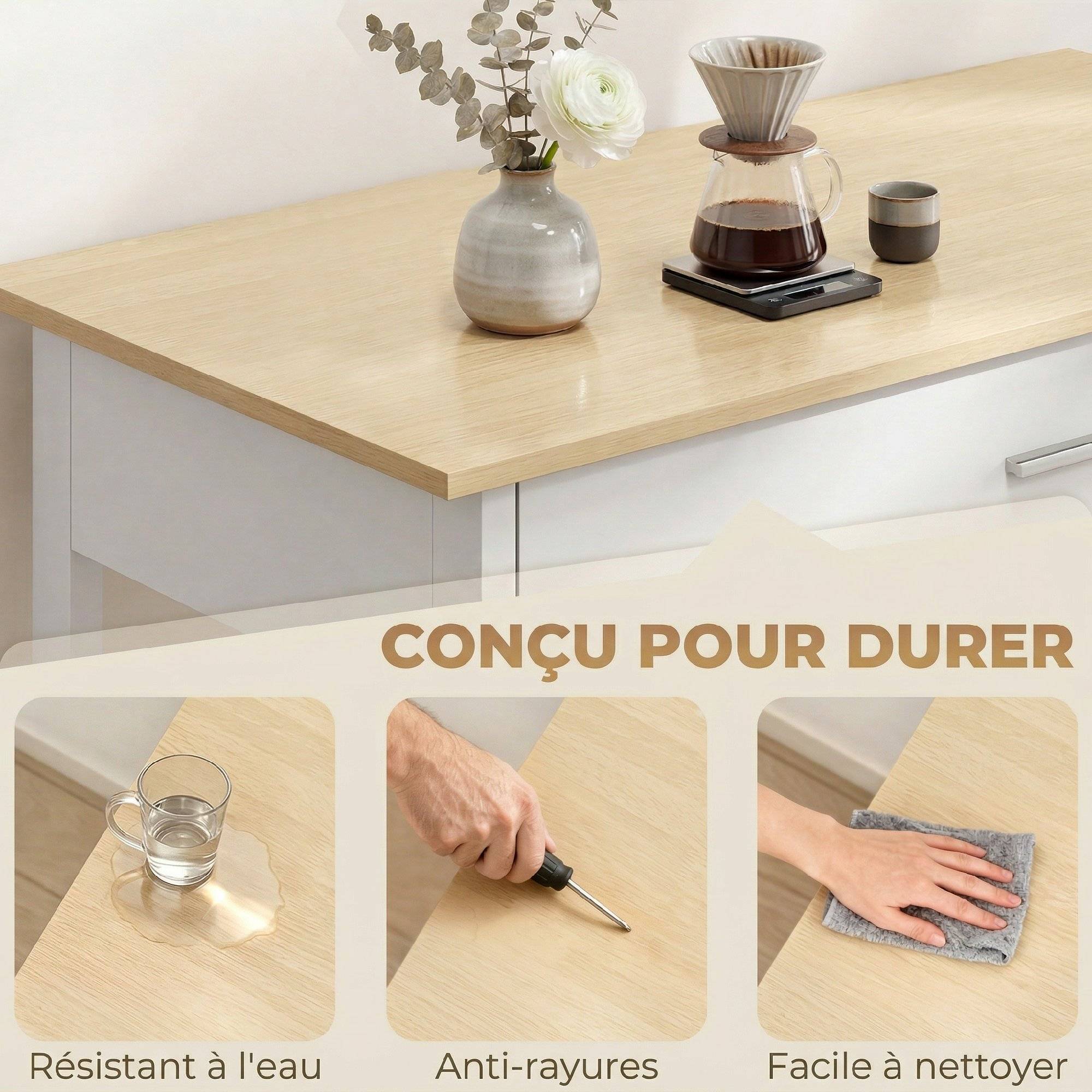 Desserte de cuisine à roulettes, îlot central cuisine avec plan de travail, tiroir, étagères, porte-serviettes, blanc - Image 10