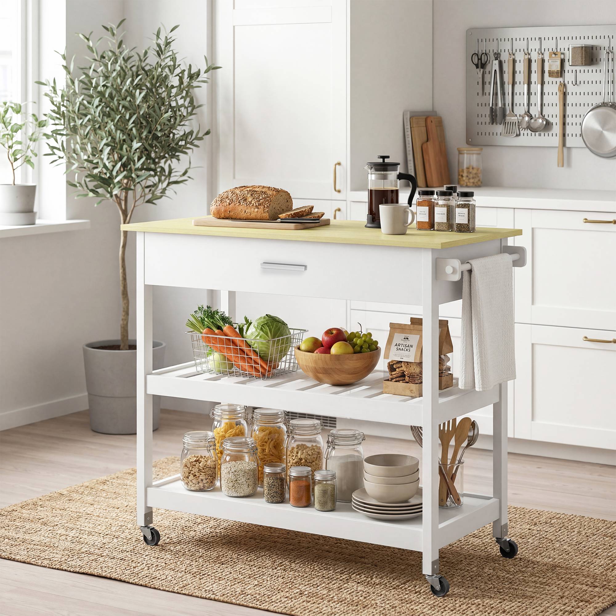 Desserte de cuisine à roulettes, îlot central cuisine avec plan de travail, tiroir, étagères, porte-serviettes, blanc - Image 3