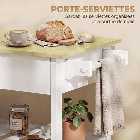 Desserte de cuisine à roulettes, îlot central cuisine avec plan de travail, tiroir, étagères, porte-serviettes, blanc - Image 8