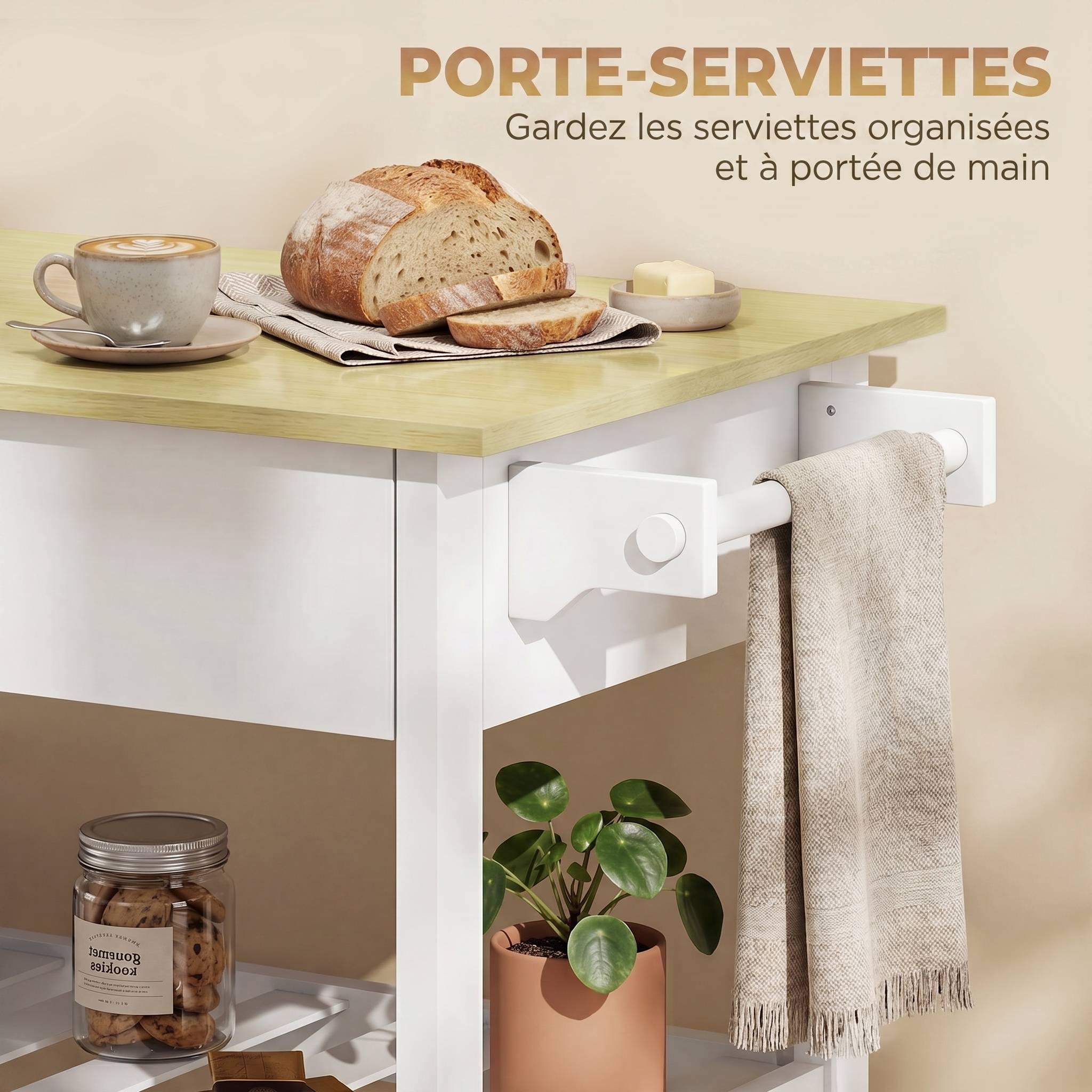 Desserte de cuisine à roulettes, îlot central cuisine avec plan de travail, tiroir, étagères, porte-serviettes, blanc - Image 8