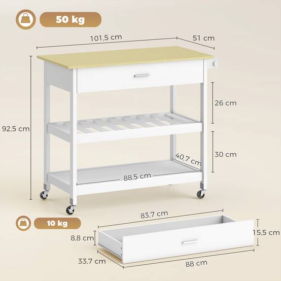 Desserte de cuisine à roulettes, îlot central cuisine avec plan de travail, tiroir, étagères, porte-serviettes, blanc - Image 5